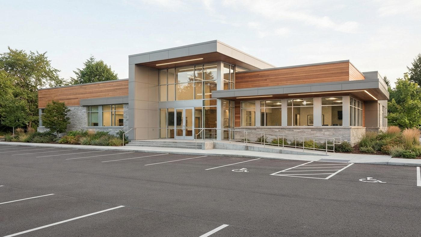 Exterior entrance of the practice, ground floor with a wheelchair ramp