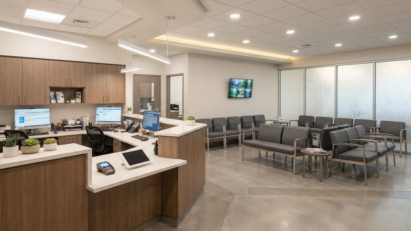 The front desk, with waiting-area seating behind it