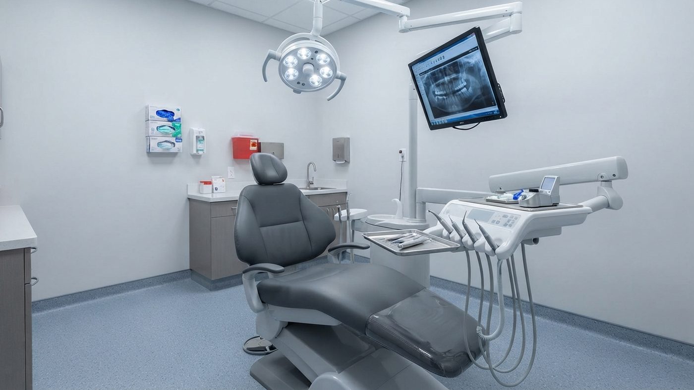 A treatment room with a dental chair and overhead light