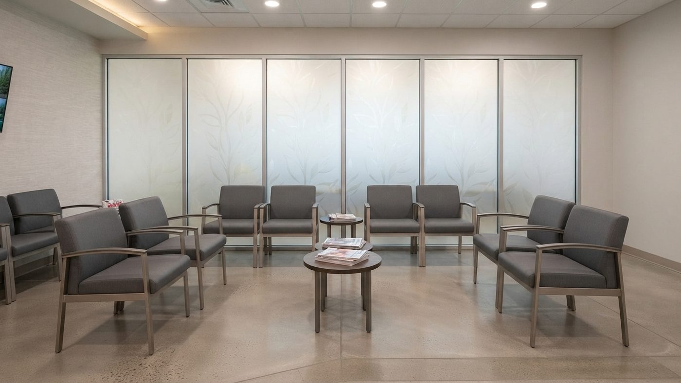 Waiting area seating with frosted glass panels